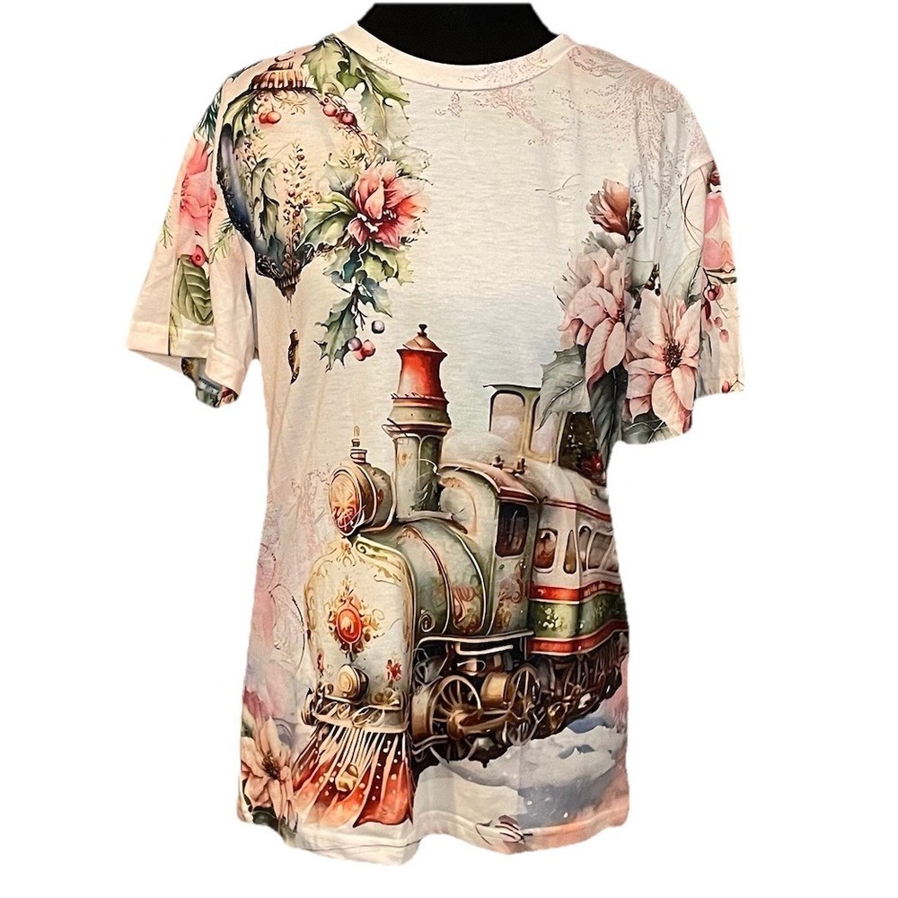 Women's Small Graphic‎ Print Christmas Train T-shirt Floral Holiday Crewneck